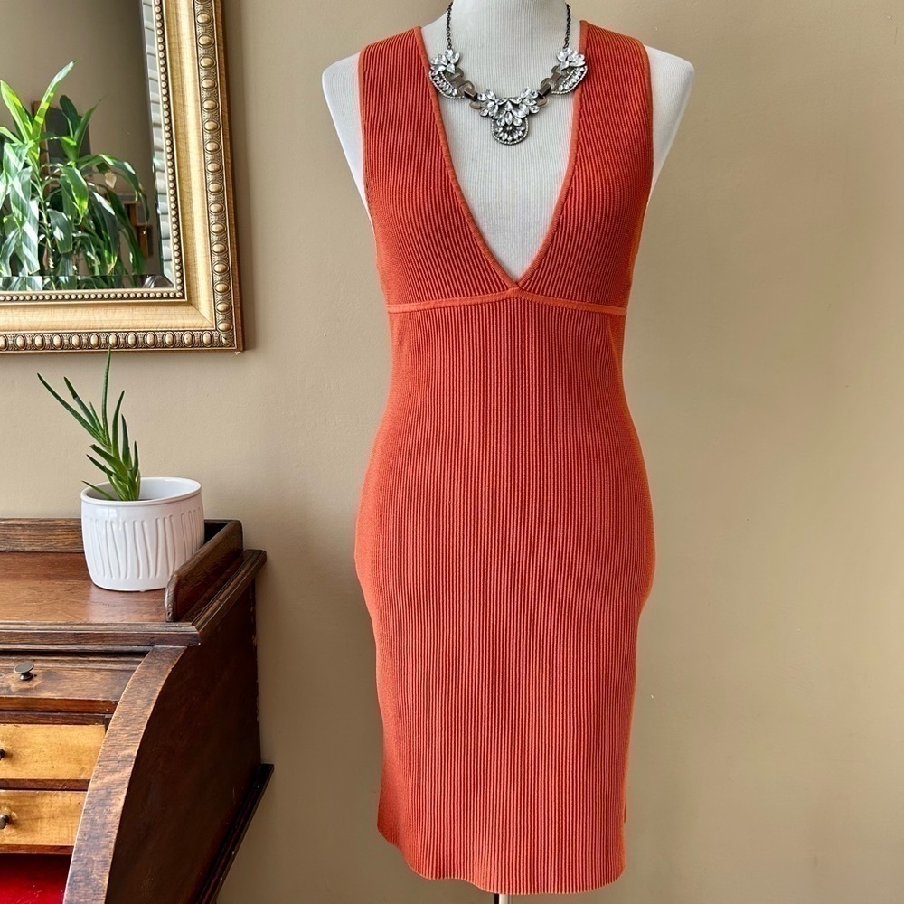 Aritzia Babaton Deep V Dress Ribbed Sleeveless Mini Pumpkin Orange Size Large
